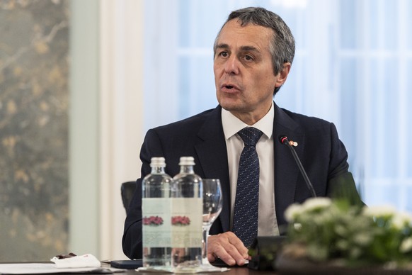 Federal Councillor Ignazio Cassis holds the opening remarks next to Martina Hirayama, Swiss State Secretary for Education, Research and Innovation, during a meeting to plan the &quot;South East Europe ...