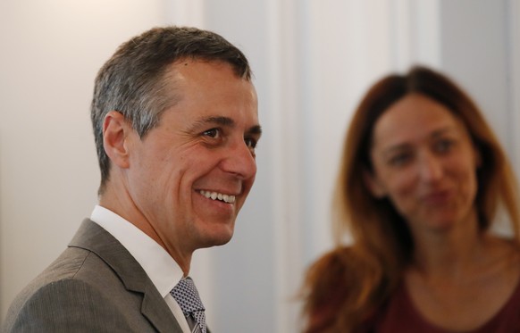 Swiss Foreign Minister Ignazio Cassis smiles before meeting with his Iranian counterpart Mohammad Javad Zarif, in Bern, Switzerland, July 2, 2018. (KEYSTONE/REUTERS POOL/Denis Balibouse)