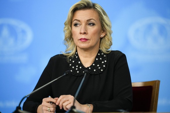 FILE - Russian Foreign Ministry spokeswoman Maria Zakharova attends Russian Foreign Minister Sergey Lavrov&#039;s annual news conference in Moscow, Jan. 18, 2023. Russia on Tuesday, Feb. 14, 2023 angr ...