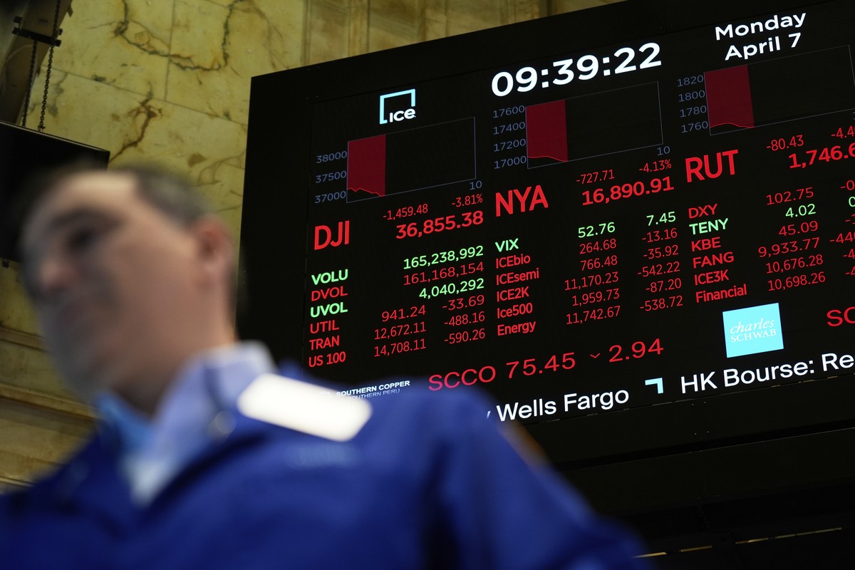 Electronic displays shows financial information on the floor at the New York Stock Exchange in New York, Monday, April 7, 2025. (AP Photo/Seth Wenig)
Financial Markets Wall Street
