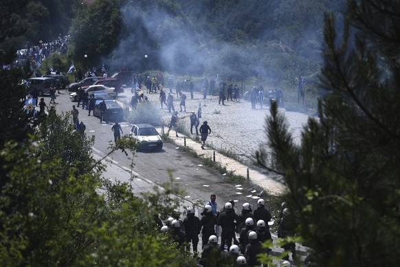Opponent of the deal between Greece and Macedonia on the latter country&#039;s new name _ North Macedonia _ clash with riot police during a protest at the village of Pisoderi, Prespes near the border  ...