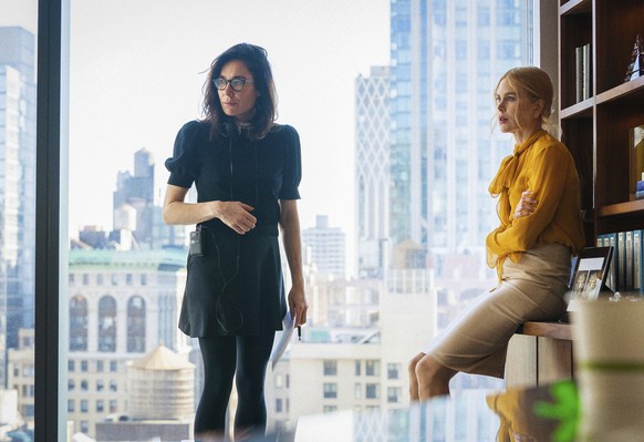 This image released by A24 shows director Halina Reijn, left, and Nicole Kidman on the set of &quot;Babygirl.&quot; (A24 via AP)