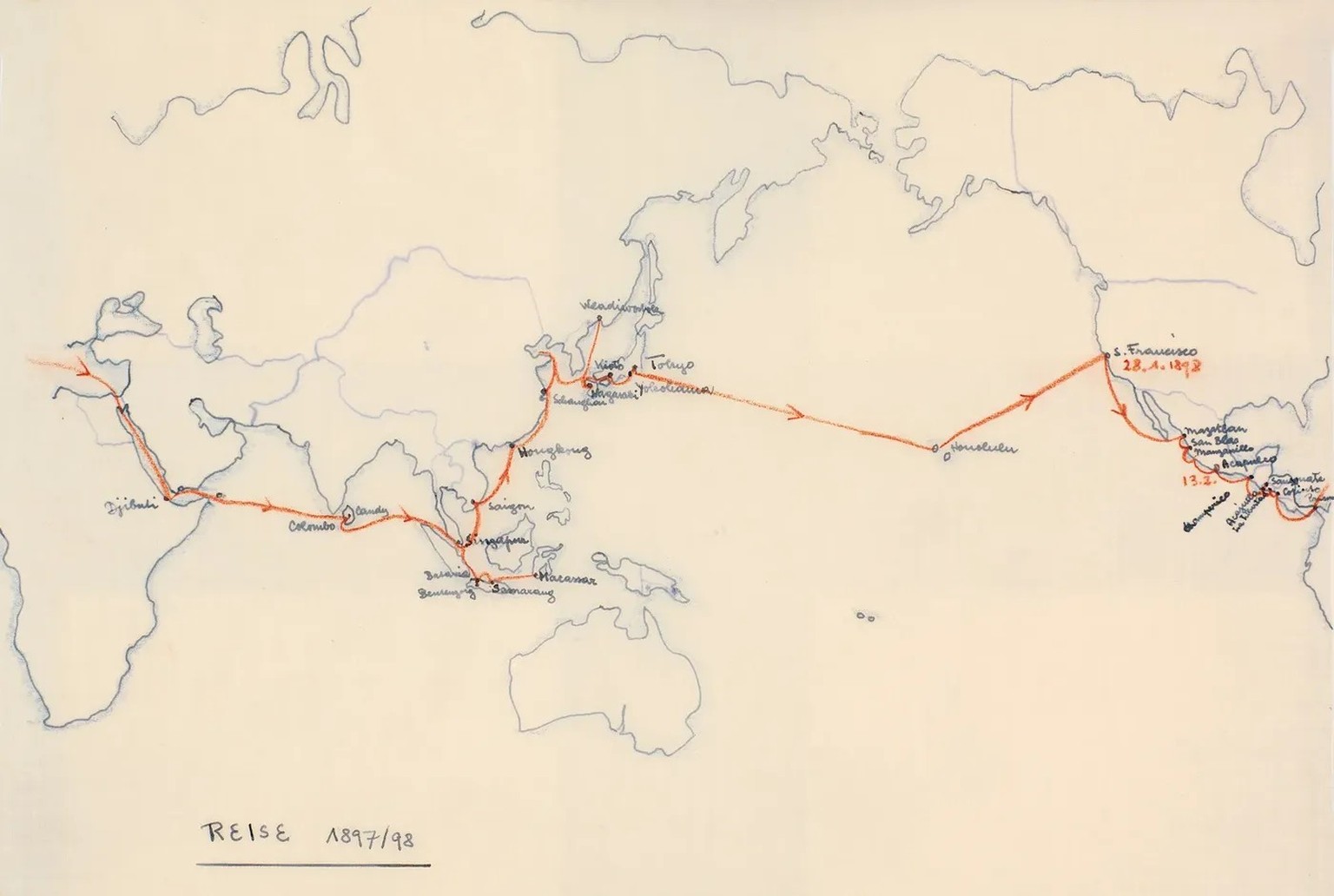 Die Route der ersten Weltreise von Heinrich Schiffmann.