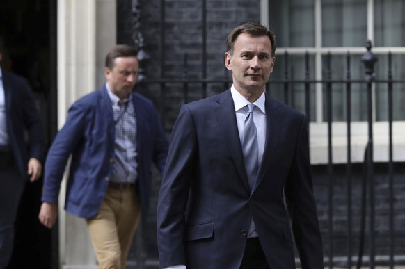 Britain&#039;s Foreign Secretary Jeremy Hunt leaves 10 Downing Street, following a meeting held over British oil tanker Stena Impero which was captured by Iran, Saturday July 20, 2019. Hunt has said B ...