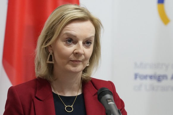 epa09766929 British Foreign Secretary Liz Truss attends a joint news conference with Ukrainian Foreign Minister Dmytro Kuleba following their talks in Kiev, Ukraine, 17 February 2022. EPA/EFREM LUKATS ...