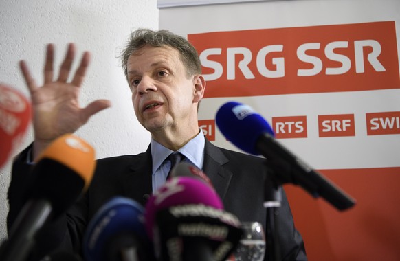Gilles Marchand, Generaldirektor des SRG SSR, spricht an der Seite ueber einem Point de Presse zur &quot;No Billag Initiative&quot;, am Sonntag, 4. Maerz 2018 in Bern. Die Schweizer Stimmbevoelkerung  ...