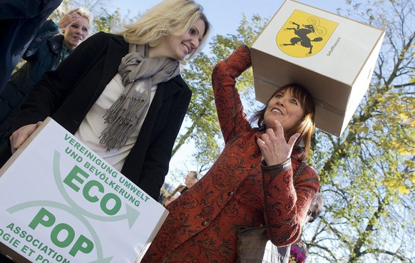 Unterschriftensammler waehrend der Einreichung der Ecopop Initative, &quot;Stop der Ueberbevoelkerung&quot; am Freitag, 2. November 2012 in Bern. Das Volksbegehren hat zwei Stossrichtungen: Einerseits ...