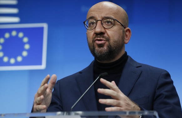 European Council President Charles Michel speaks during a media conference after an EU summit in video conference format at the European Council building in Brussels, Thursday, Oct. 29, 2020. EU leade ...