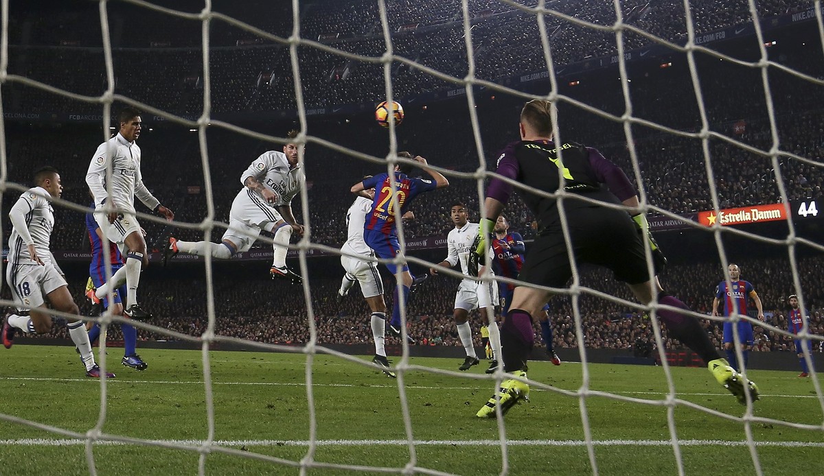 Football Soccer - Barcelona v Real Madrid - Spanish La Liga Santander- Nou Camp Stadium, Barcelona, Spain - 3/12/16. Real Madrid's Sergio Ramos scores a goal during the "Clasico". REUTE ...