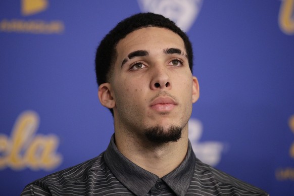 UCLA NCAA college basketball player LiAngelo Ball attends a news conference at UCLA Wednesday, Nov. 15, 2017, in Los Angeles. Three UCLA basketball players accused of shoplifting in China admitted to  ...