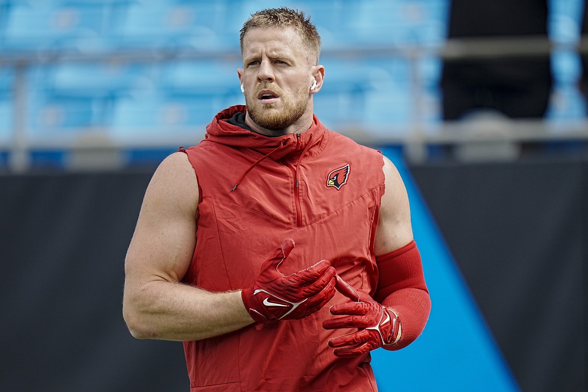 Arizona Cardinals defensive end J.J. Watt warms up before an NFL football game against the Carolina Panthers on Sunday, Oct. 2, 2022, in Charlotte, N.C. (AP Photo/Rusty Jones)