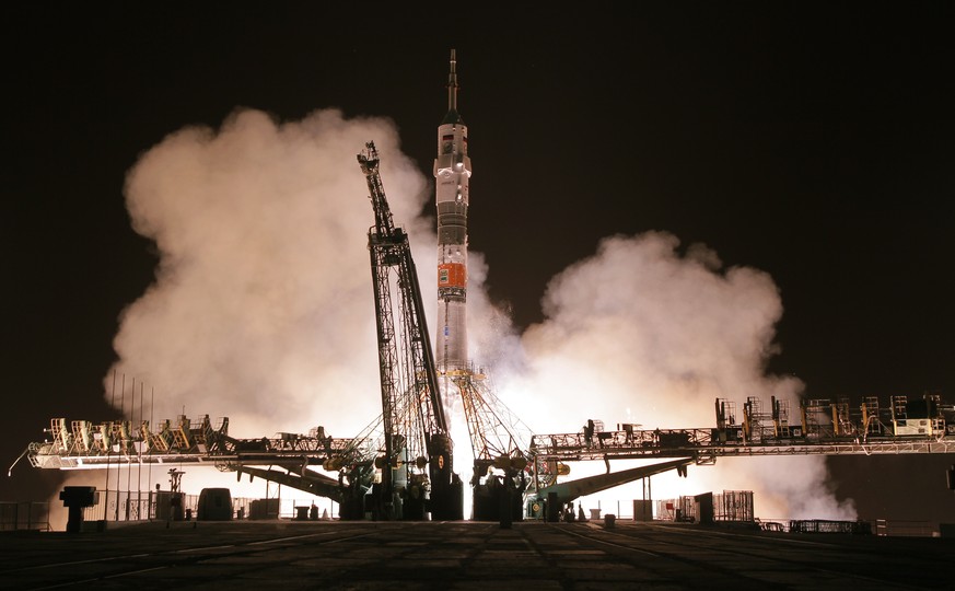 So sieht es aus, wenn sich eine Rakete ins All aufmacht, hier in Kasachstan.