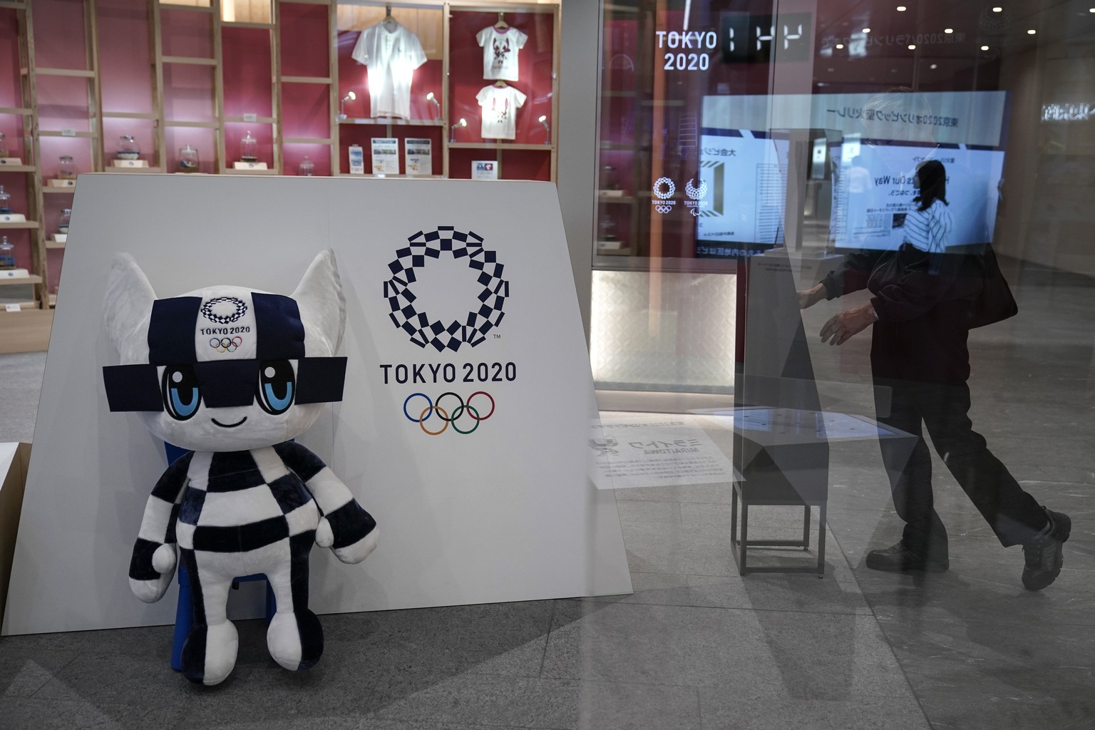 Miraitowa, a mascot for the Tokyo 2020 Summer Olympics, is displayed at an Olympic Corner Tuesday, June 11, 2019, in Tokyo. (AP Photo/Jae C. Hong)