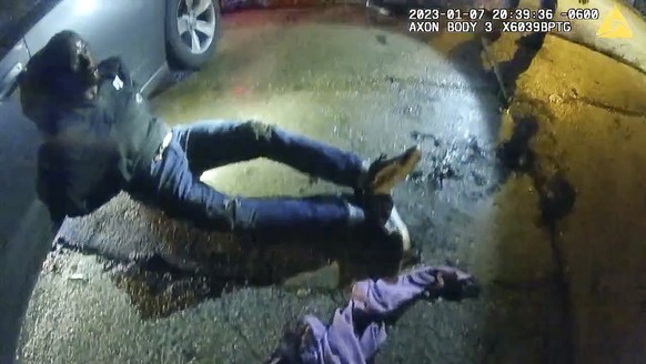 The image from video released on Jan. 27, 2023, by the City of Memphis, shows Tyre Nichols leaning against a car after a brutal attack by five Memphis police officers on Jan. 7, 2023, in Memphis, Tenn ...