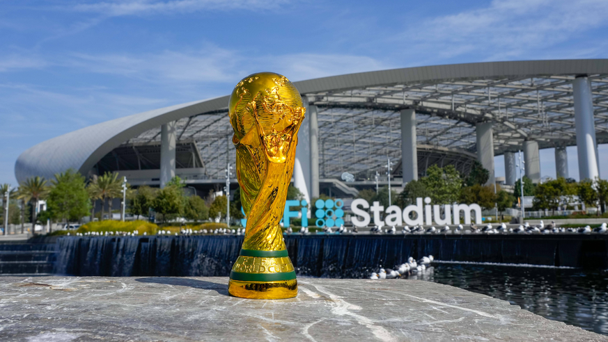 SoFi Stadium World Cup General overall view of a FIFA World Cup, WM, Weltmeisterschaft, Fussball Trophy outside of Stadium on Thursday, Mar 26, 2026, in Inglewood, CA. SoFi Stadium, a.k.a. Los Angeles ...