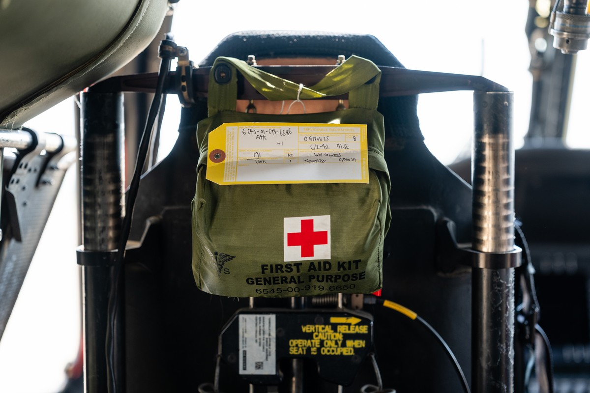 epa12172228 A first aid kit inside of a Sikorsky UH-60 Black Hawk ahead of the US Army's 250th Anniversary Parade at Joint Base Andrews, Maryland, USA, 12 June 2025. US President Donald Trump wil ...