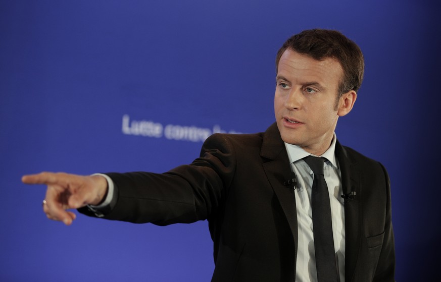 Independent centrist presidential candidate Emmanuel Macron attends a press conference in Paris, Monday, April, 10, 2017. The two-round presidential election is set for April 23 and May 7. (AP Photo/C ...