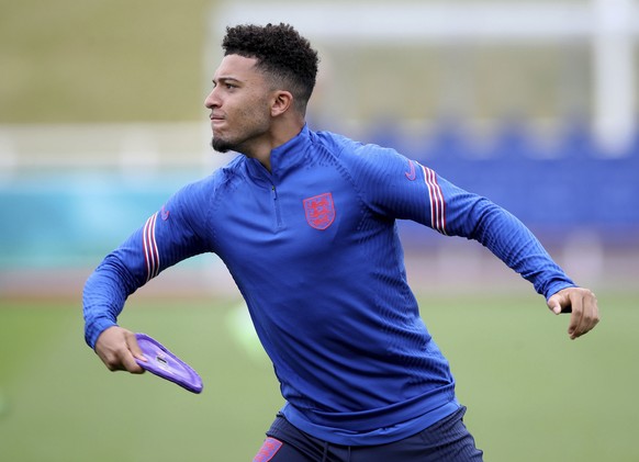 England&#039;s Jadon Sancho during a training session at St George&#039;s Park, Burton upon Trent, England, Thursday June 17, 2021. (Nick Potts/PA via AP)