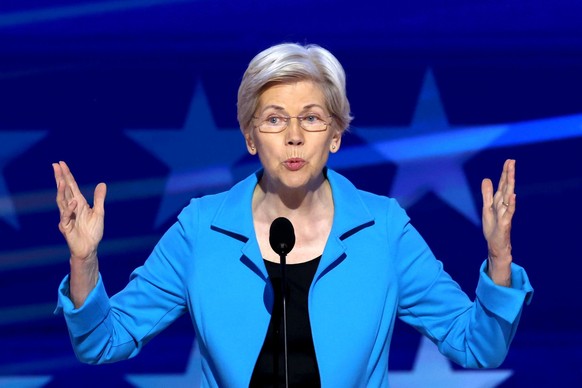 epa11560593 Democratic Senator from Massachusetts Elizabeth Warren speaks on the final night of the Democratic National Convention (DNC) at the United Center in Chicago, Illinois, USA, 22 August 2024. ...