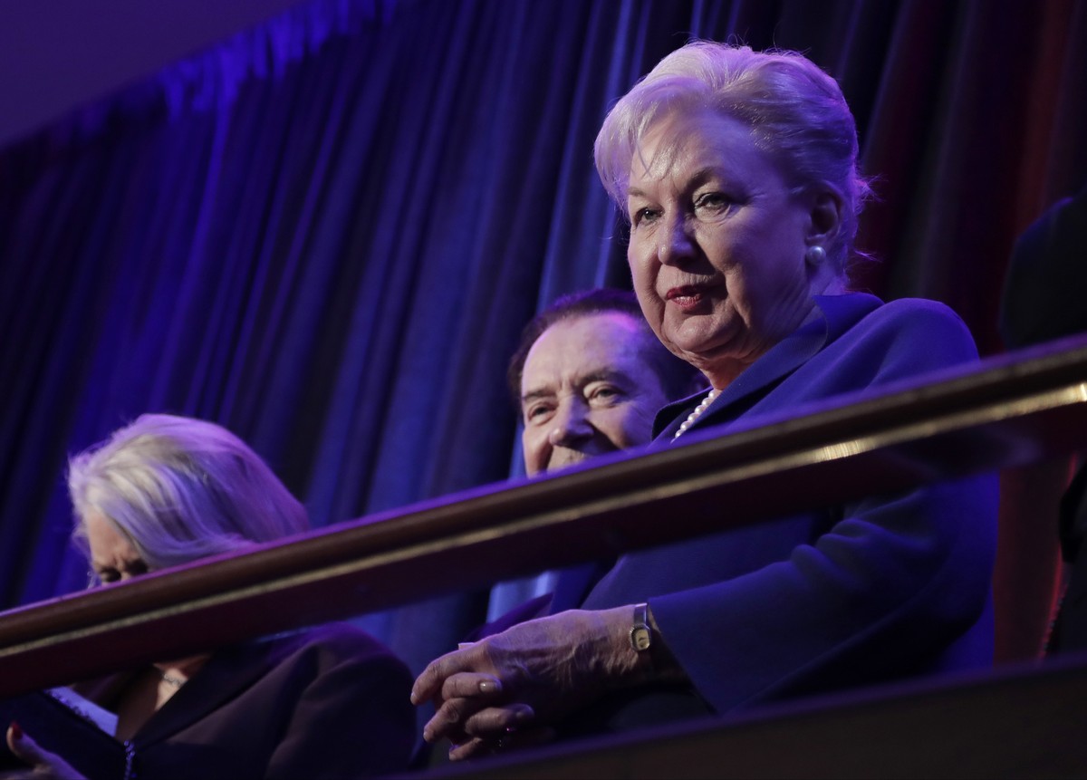 FILE - In this Nov. 9, 2016 file photo, federal judge Maryanne Trump Barry, sister of Donald Trump, sits in the balcony during Trump's election night rally in New York. Barry has retired as a fed ...