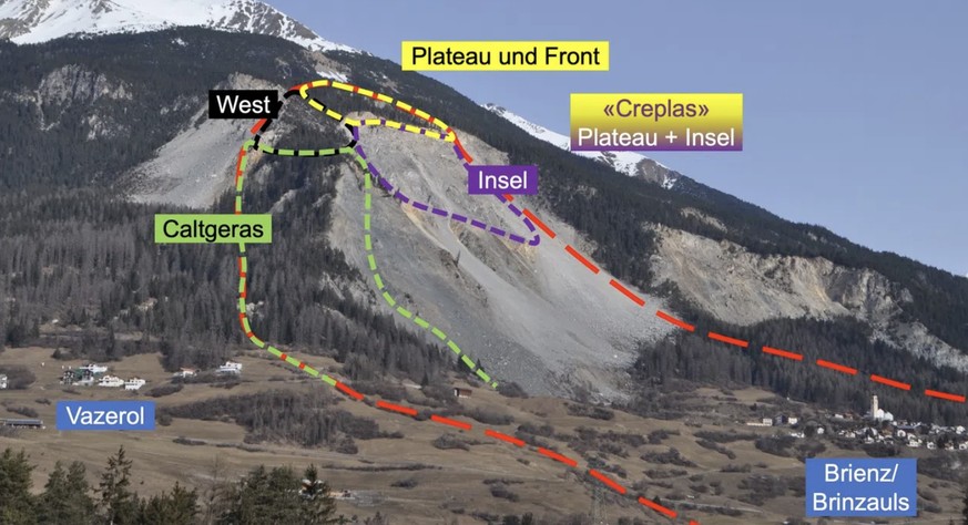 Der violett markierte Bereich «Insel» bewegt sich immer schneller und bedroht das Dorf Brienz.