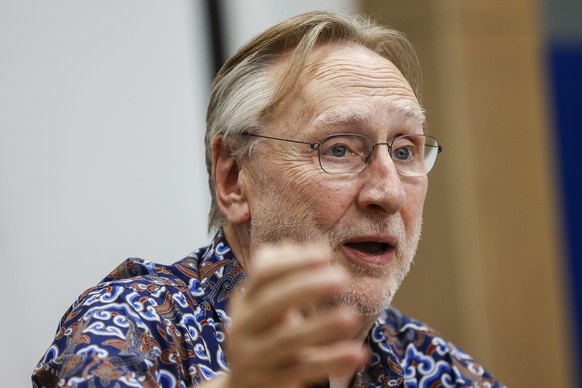 epa12034581 Chair of the European Parliament International Trade Committee (INTA), Bernd Lange speaks during a press conference in Jakarta, Indonesia, 16 April 2025. EU parliament members are on a vis ...