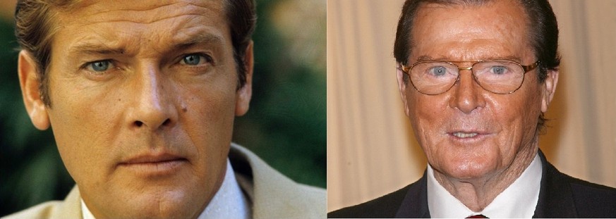 Roger Moore im Bond-Alter (1973–1985)&nbsp;und heute. Die Ozeanaugen sind inzwischen etwas verwässert.