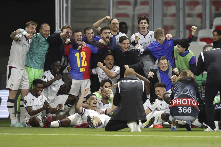 Basel&#039;s players celebrate after the UEFA Conference League quarter final soccer match between OGC Nice of France and Switzerland&#039;s FC Basel 1893, Thursday, April 20, 2023, at the Allianz Riv ...