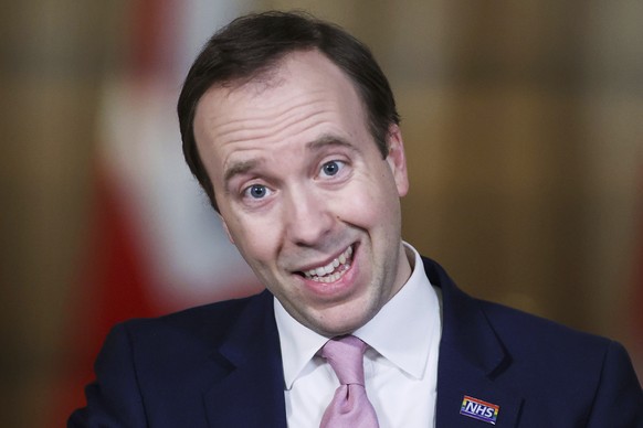 Britain&#039;s Health Secretary Matt Hancock speaks, during a coronavirus media briefing, at Downing Street, London, Wednesday March 17, 2021. (Hannah McKay/Pool Photo via AP)