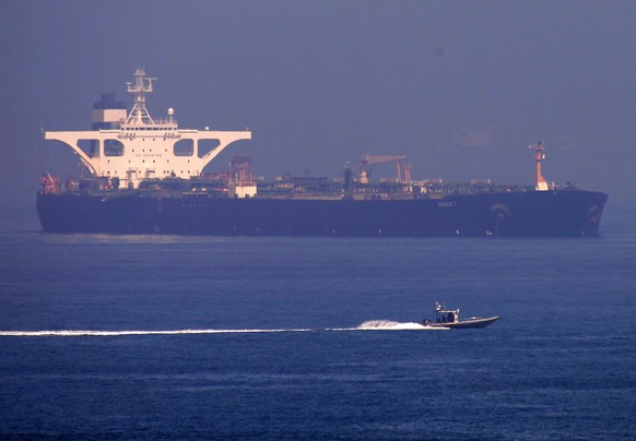 epa07775043 The Iranian oil supertanker Grace 1 is seen in the Strait of Gibraltar, southern Spain, 15 August 2019. According to reports, Gibraltar has released the impounded Iranian oil tanker which  ...