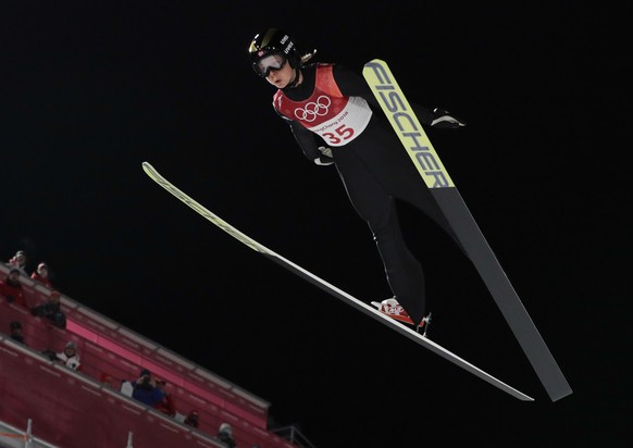 Maren Lundby, of Norway, soars through the air during the women&#039;s normal hill normal hill individual ski jumping competition at the 2018 Winter Olympics in Pyeongchang, South Korea, Monday, Feb.  ...