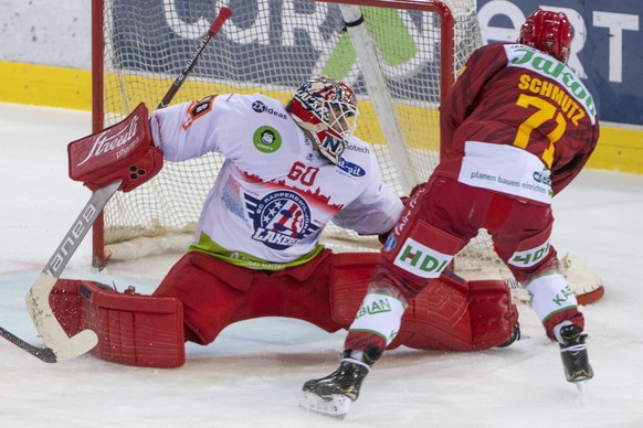 Tigers, Julian Schmutz, rechts, erzielt das 3:1, gegen Rapperswils Goalie, Melvin Nyffeler, links, waehrend dem Meisterschaftsspiel der National League, zwischen den SCL Tigers und den Rapperswil-Jona ...