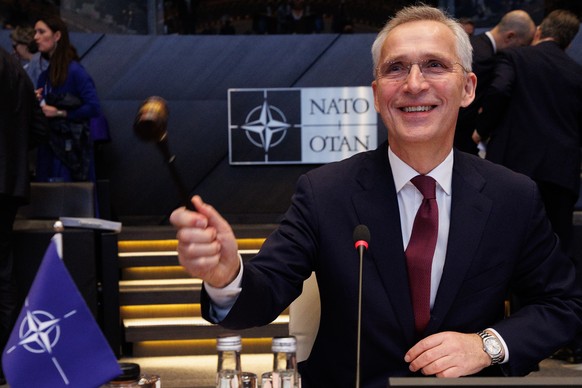 epa11258698 NATO Secretary-General Jens Stoltenberg chairs the NATO Ukraine Council during a North Atlantic Treaty Organisation (NATO) Foreign Affairs Ministers meeting in Brussels, Belgium, 04 April  ...