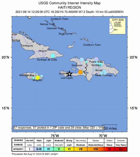 epa09413420 A handout shakemap made available by the United States Geological Survey (USGS) shows the location of a 7.2-magnitude earthquake hitting near Saint-Louis du Sud, Haiti, 14 August 2021. The ...