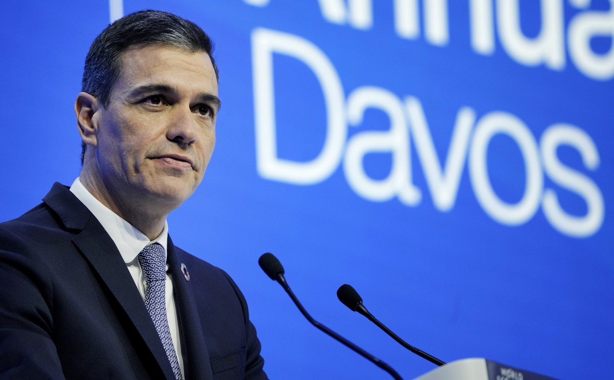 Spain's Prime Minister Pedro Sanchez speaks at the World Economic Forum in Davos, Switzerland Tuesday, Jan. 17, 2023. The annual meeting of the World Economic Forum is taking place in Davos from  ...