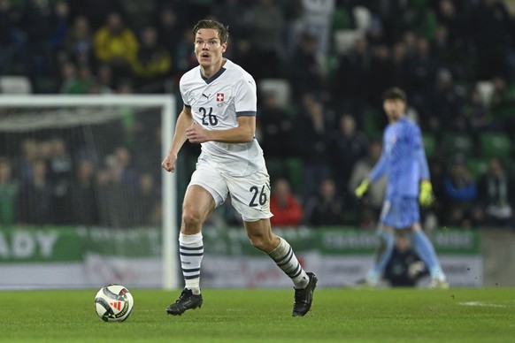 Switzerland&#039;s Stefan Gartenmann in action during an international test match between Northern Ireland and Switzerland, at Windsor Park stadium in Belfast, Northern Ireland, on Friday, March 21, 2 ...