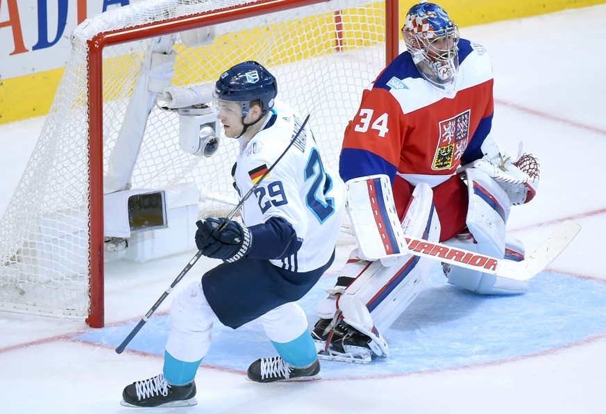 Sep 19, 2016; Toronto, Ontario, Canada; Team Europe forward Leon Draisatl (29) celebrates after beating Czech Republic goalie Petr Mrazek (34) to score the winning goal in overtime in a 3-2 victory fo ...