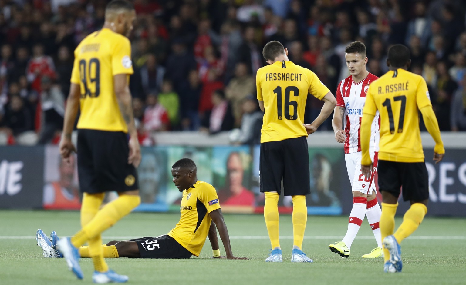 Young Boys&#039; Guillaume Hoarau, Christopher Martins, Christian Fassnacht and Roger Assale, from left, after the UEFA Champions League playoff match between Switzerland&#039;s BSC Young Boys Bern an ...