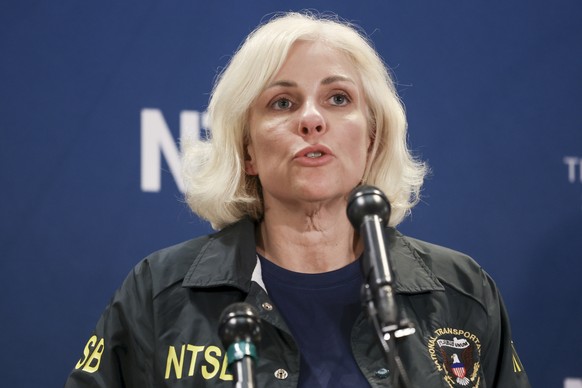 epa12025942 US National Transportation Safety Board (NTSB) Chairperson Jennifer Homendy holds a press conference about the tourist helicopter which crashed into the Hudson River in Jersey City, New Je ...