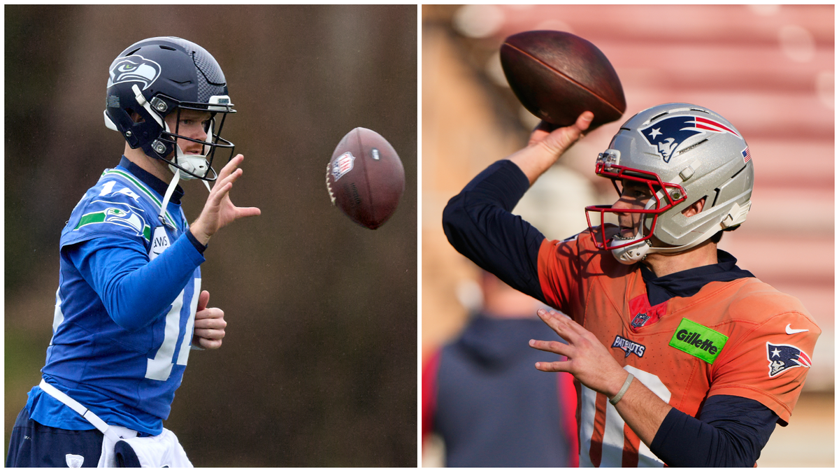 Les quarterbacks Sam Darnold (à gauche) et Drake Maye (à droite) seront les sportifs stars du Super Bowl 2026.