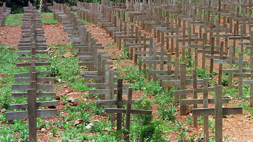 FILE - In this Dec. 1, 1996 file photo, rows of crosses mark a mass burial site of victims of the 1994 genocide near Kigali, Rwanda. A Rwandan man was found guilty Friday, May 22, 2009 of war crimes d ...