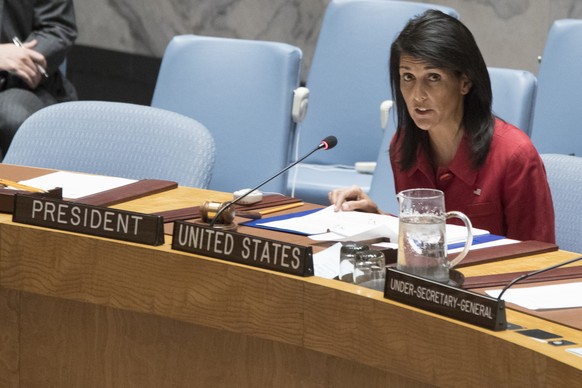 United States&#039; Ambassador United Nations and current Security Council President Nikki Haley speaks during a Security Council meeting on the situation in Syria, Friday, April 7, 2017 at United Nat ...