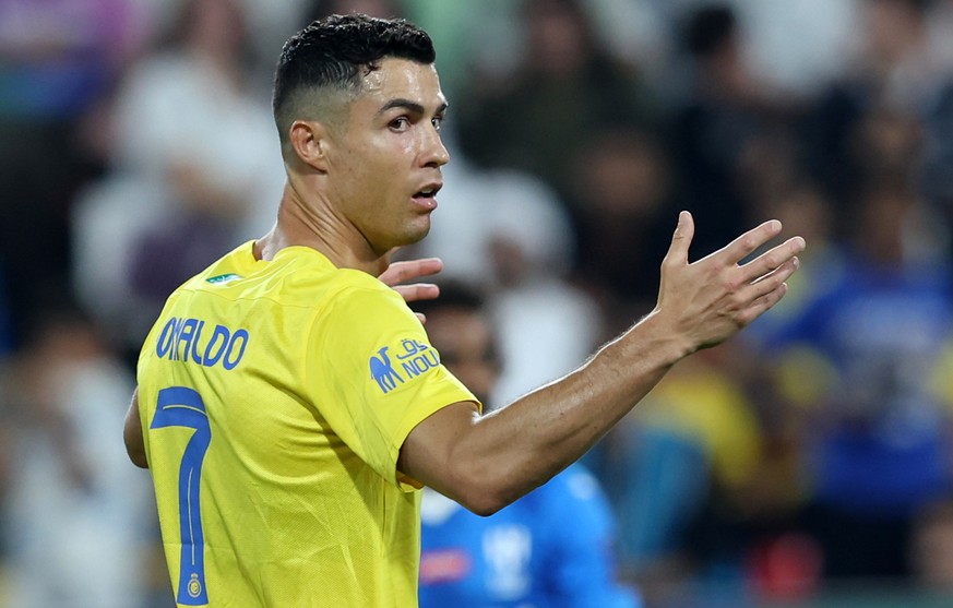 epa11266353 Cristiano Ronaldo of Al-Nassr gestures during the semifinal soccer match of the Saudi Super Cup between Al-Hilal and Al-Nassr in Abu Dhabi, United Arab Emirates, 08 April 2024. EPA/ALI HAI ...