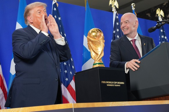 KEYPIX - President Donald Trump and FIFA President Gianni Infantino speak at a reception at Trump Tower in New York, Friday, July 17, 2026. (AP Photo/Jacquelyn Martin)
