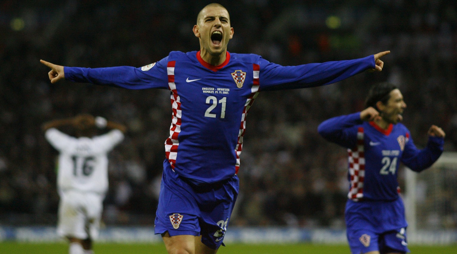 Croatia&#039;s Mladen Petric celebrates after scoring his side&#039;s winning goal during the Euro 2008 group E qualifying soccer match between England and Croatia at Wembley Stadium in London, Wednes ...