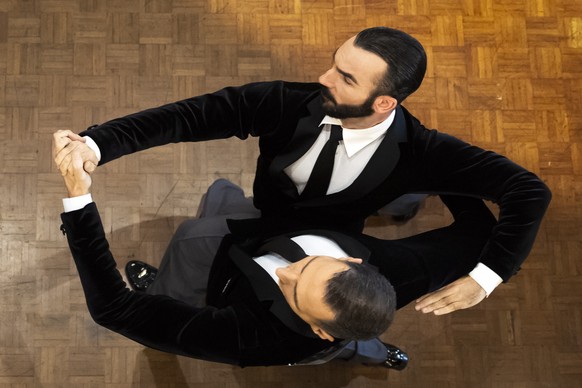 epa10771982 Valentin Regnault and Axel Zischka of France and Germany dance during the Same-Sex Dance Competition at the EuroGames, in Bern, Switzerland, 27 July 2023. Over 4000 athletes from the LGBTI ...