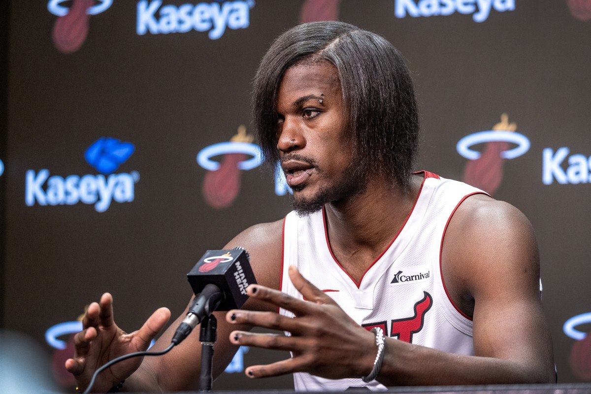 epa10896310 Jimmy Butler, Miami Heat's Small Forward, attends the team's media day at the Kaseya Center arena in Miami, Florida, USA, 02 October 2023. The 2023-2024 Miami Heat season will be ...