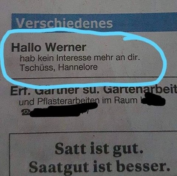 Faildienstag: Hannelore macht mit Werner Schluss via Anzeige