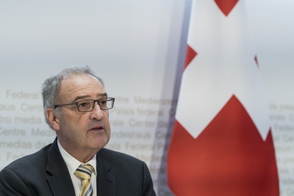 Swiss Federal councillor Guy Parmelin briefs the media about the latest measures to fight the Covid-19 Coronavirus pandemic, on Wednesday, March 25, 2020 in Bern, Switzerland. (KEYSTONE/Alessandro del ...