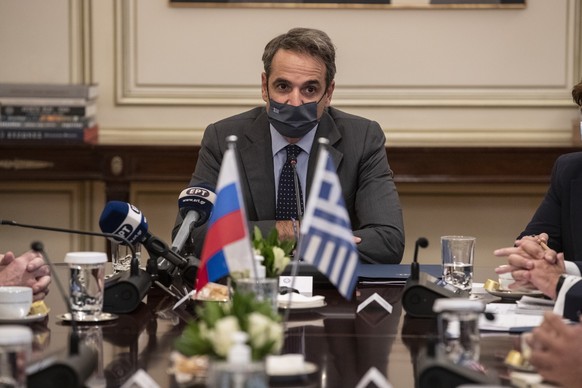 Greece&#039;s Prime Minister Kyriakos, speaks during his meeting with Russian Foreign Minister Sergei Lavrov, in Athens, Monday, Oct. 26, 2020. Tension with Turkey was one of the main topics of discus ...